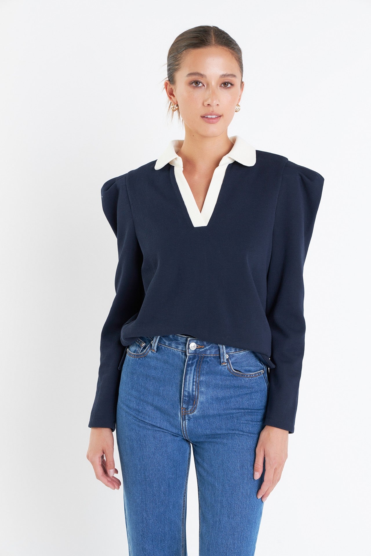 Polo Collar Sweatshirt in Navy/Cream