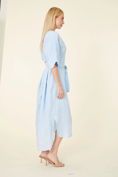 Linen Belted Maxi Dress in Light Blue