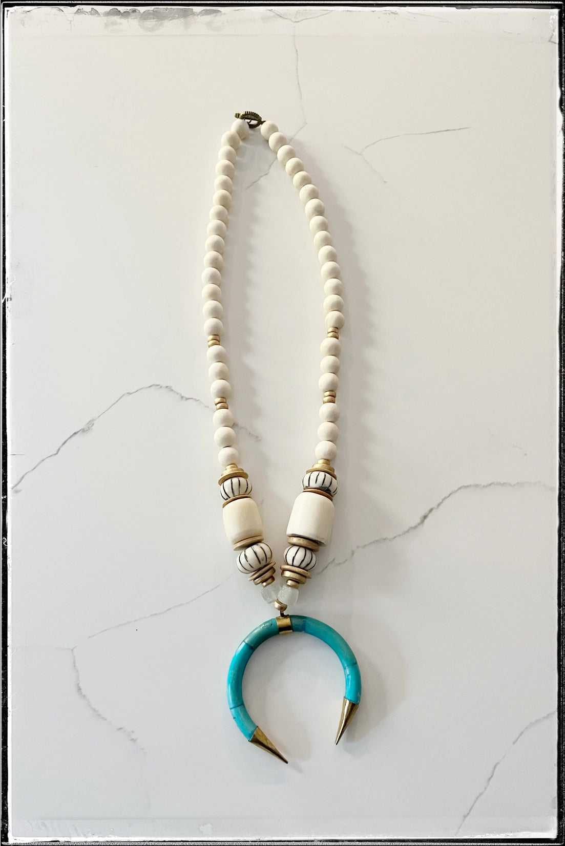 Stripe African Bone Bead Necklace with Turquoise Pendant