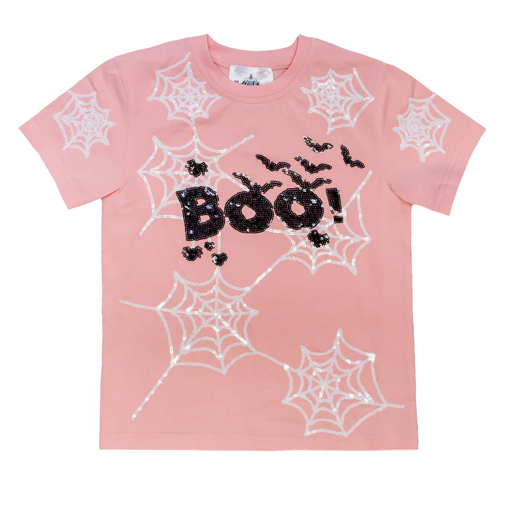 Sequin 'Boo' Spider Web Tee in Pink