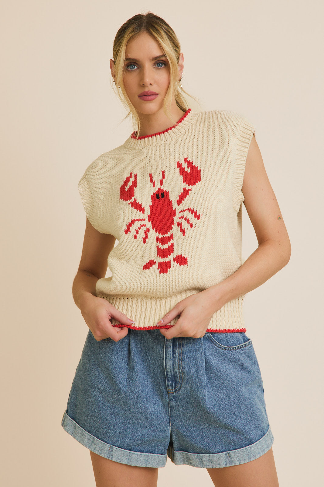 Sleeveless Lobster Sweater in Cream