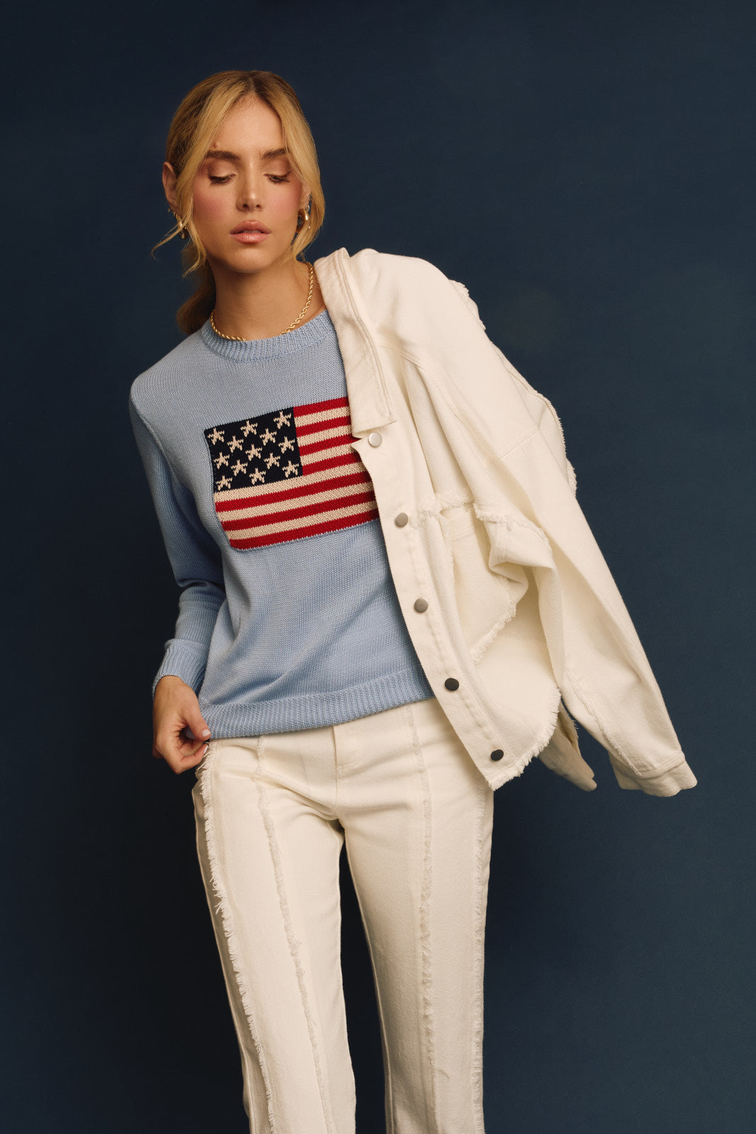 American Flag Crew Neck Sweater in Baby Blue