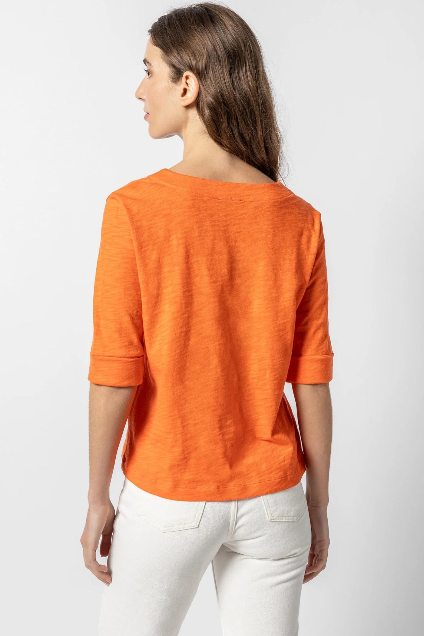 Cuffed Elbow Sleeve V-Neck in Tangelo