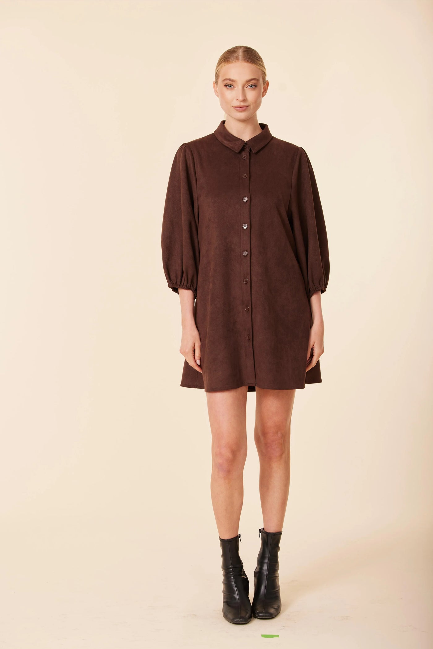 Faux Suede Puff Sleeve Dress in Coffee