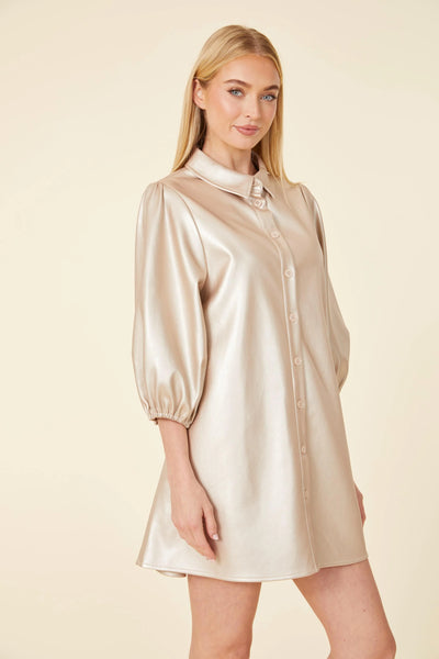 Faux Leather Puff Sleeve Dress in Pale Gold