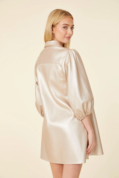 Faux Leather Puff Sleeve Dress in Pale Gold