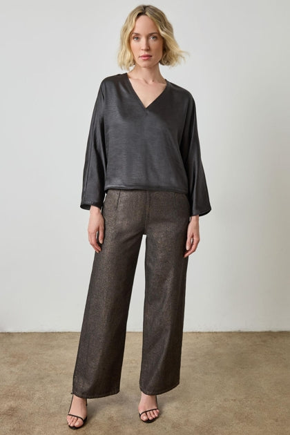 Satin V-Neck Dolman in Black