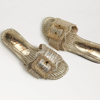 Bambi Slide Sandal in Amber Gold Raffia