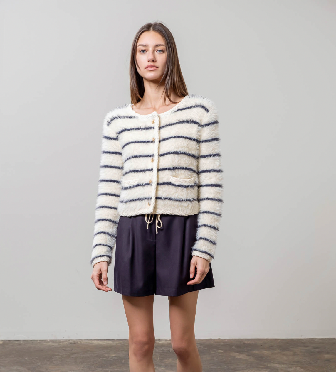 Round Neck Striped Cardigan in Ivory