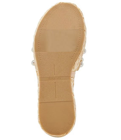 Caper Pearl Embellished Raffia Platform Slide Sandals in Light Natural
