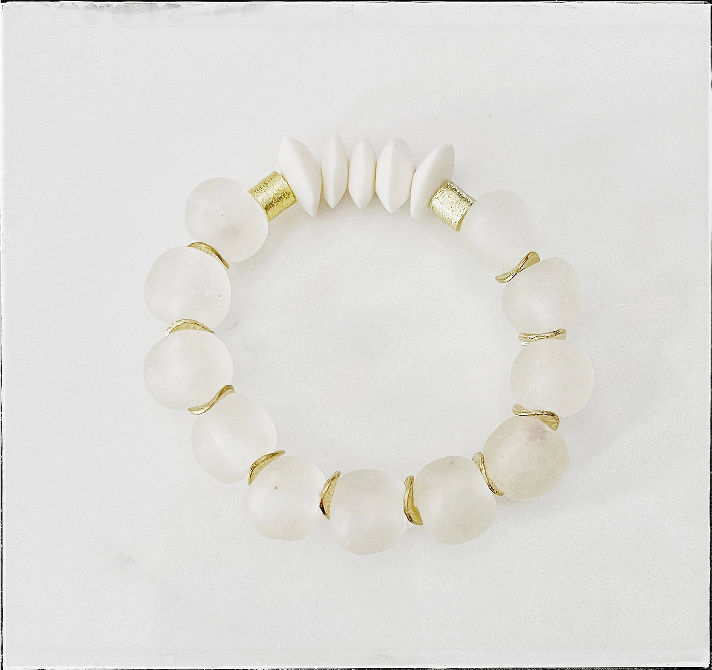 African Bone & Recycled Glass Bead Stretch Bracelet in White