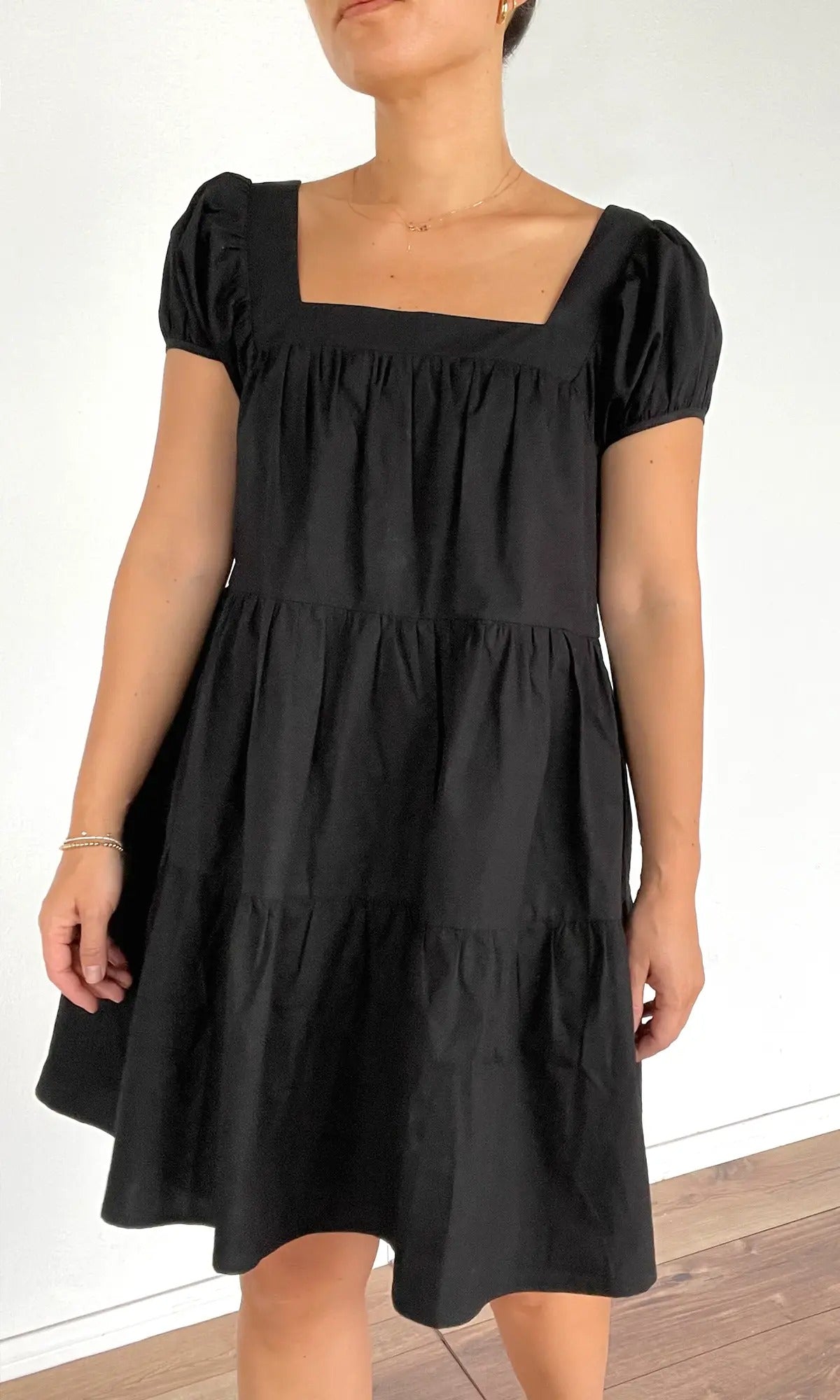 Lora Poplin Cap Sleeve Tiered Dress in Black