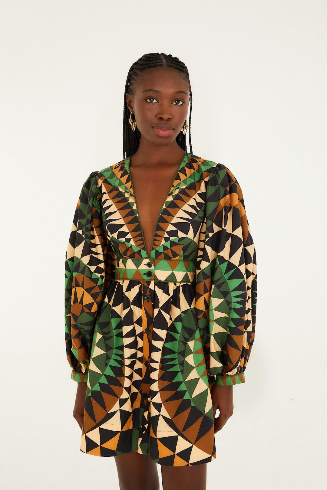 Heart Deco Puff Sleeve Mini Dress in Green