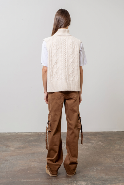 Turtle Neck Cable Sweater Vest in Ivory