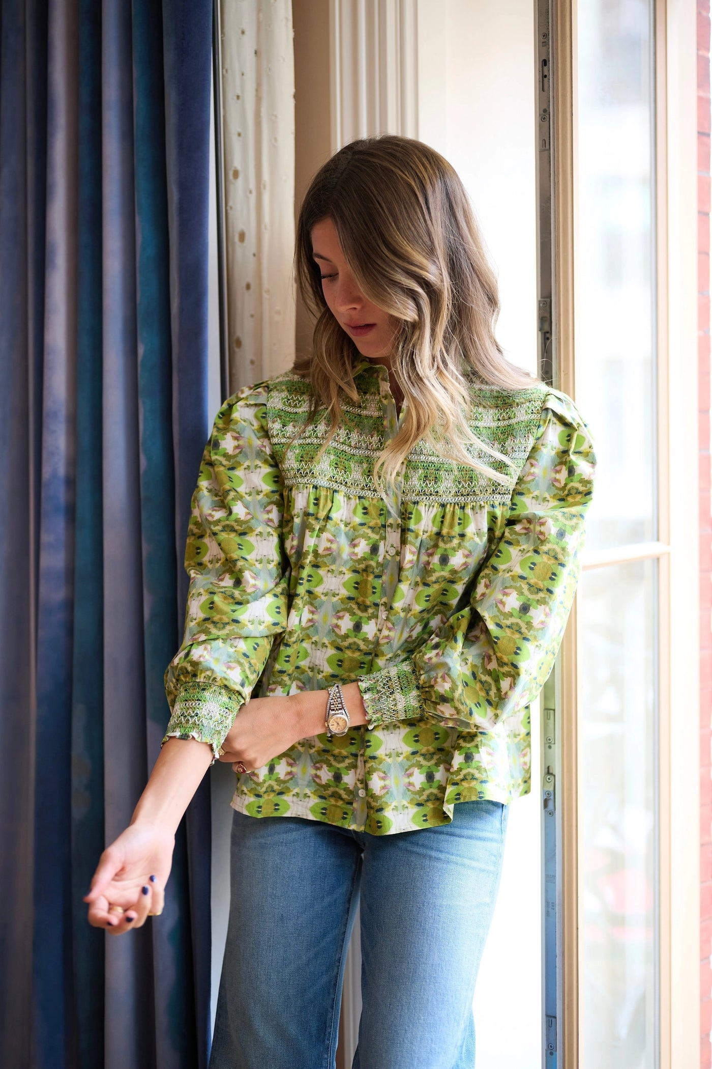 Penelope Smocked Blouse in Camo