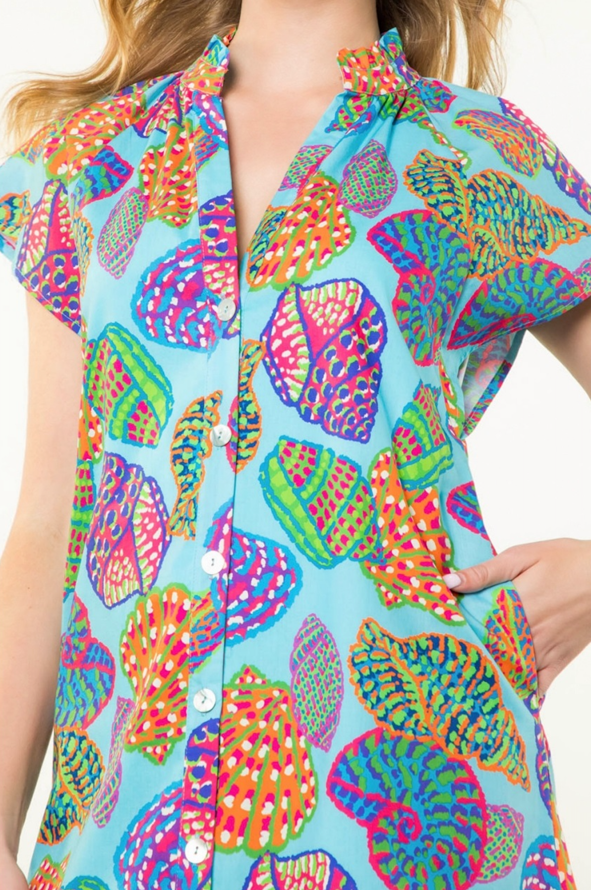 Seashell Button Up Dress in Blue Multi