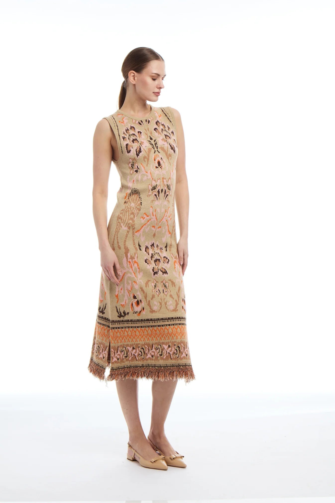 Camille Knit Jacquard Dress in Camel Multi