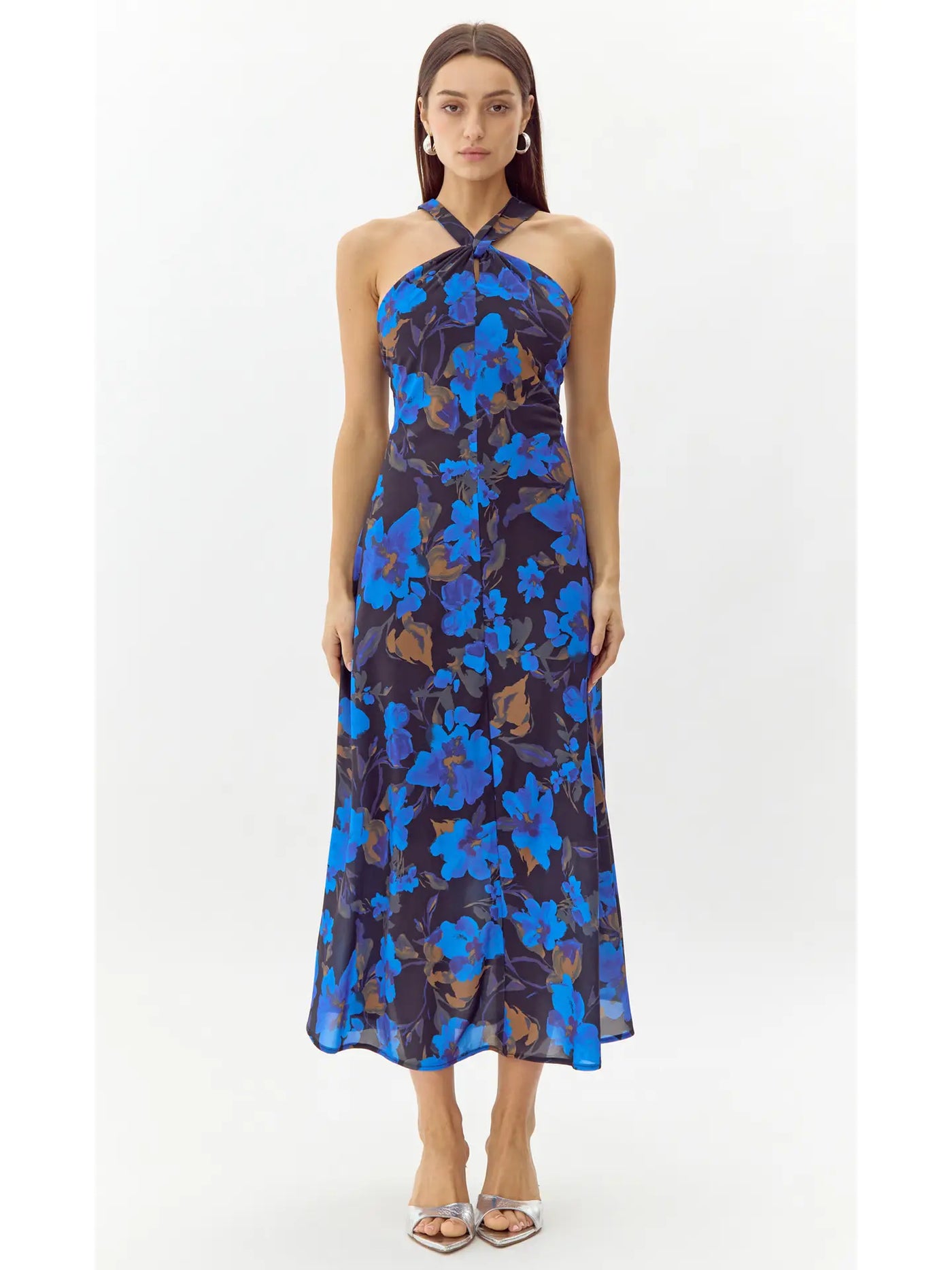 Anastasia Floral Halter Top Midi Dress in Electric Blue