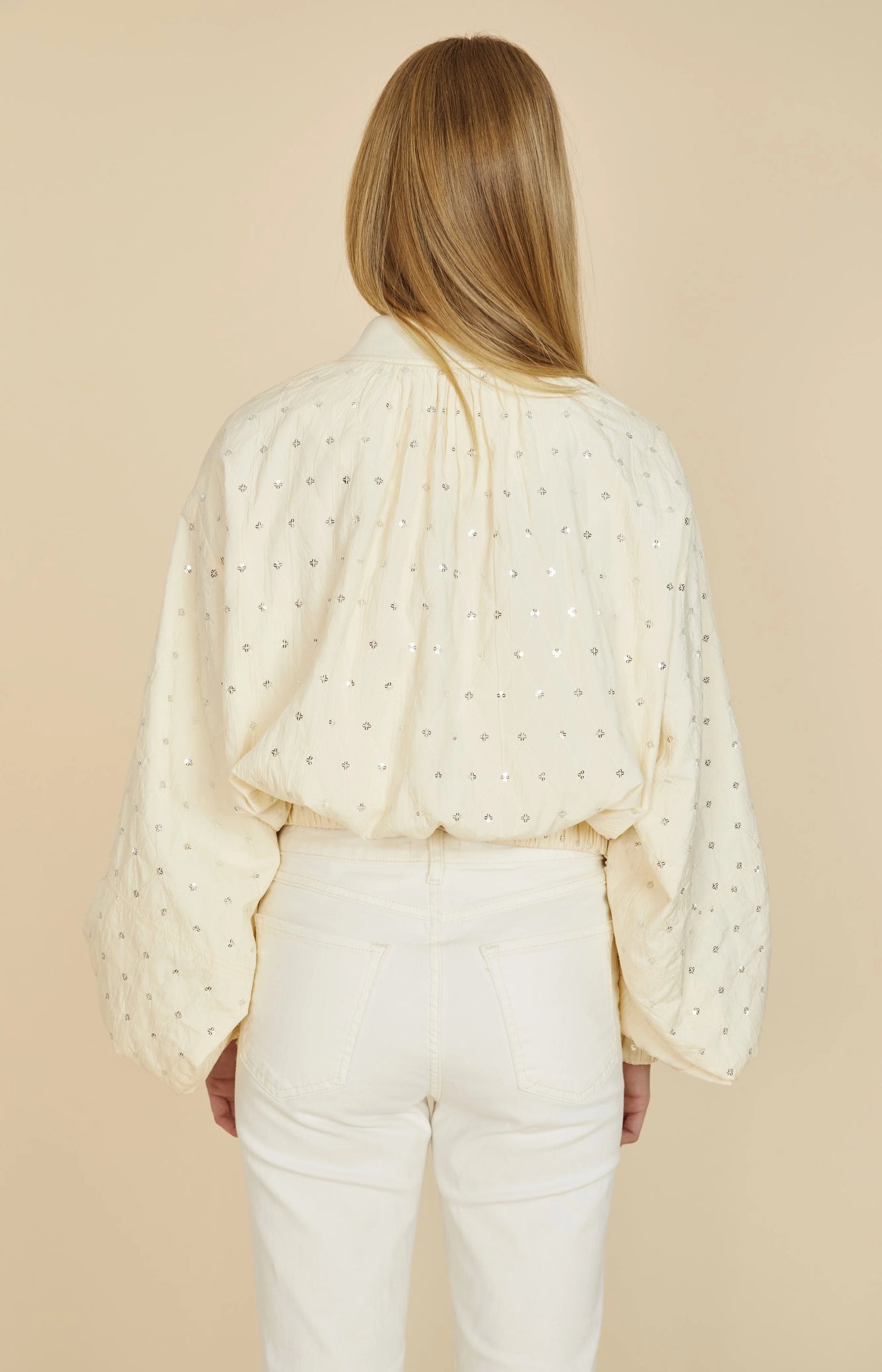 Embellished Balloon Sleeve Jacket in Ivory