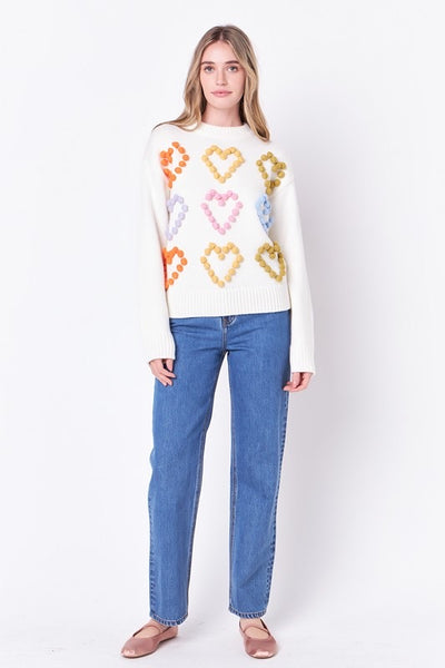 Heart Pom Sweater in Ivory Multi