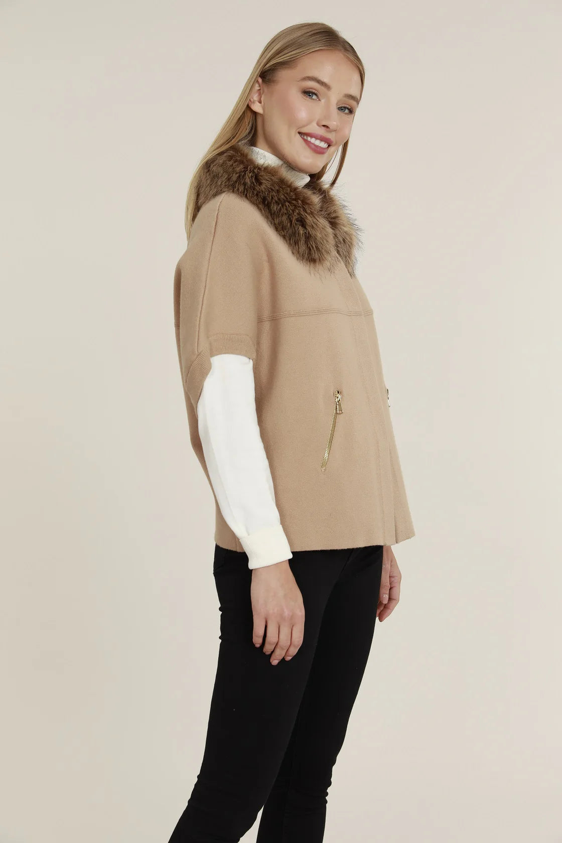 Faux Fur Trim Cardigan in Camel