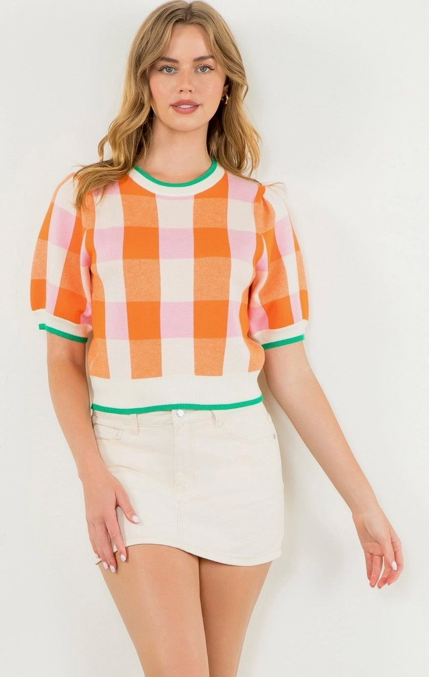 Short Sleeve Checkered Knit Top in Cream