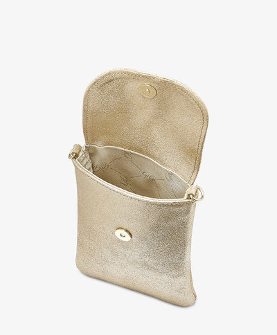 Emmie Phone Crossbody in Gold Platinum Metallic Leather