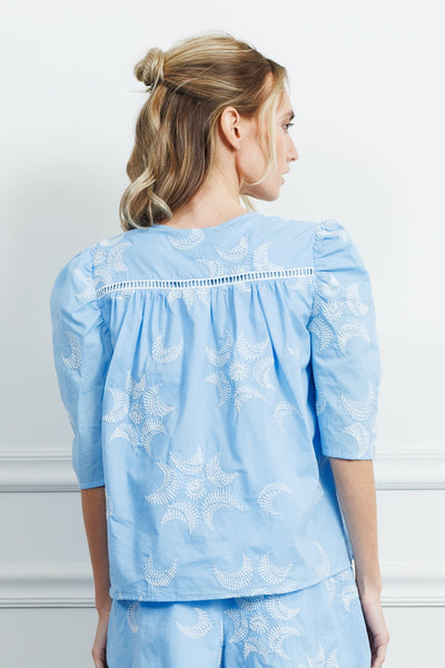 Embroidered Puff Sleeve Blouse in Blue