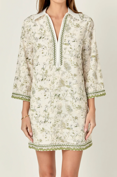 Floral Embroidery Tunic Dress in Green Multi