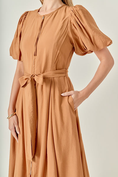 Puff Sleeve Midi Dress in Camel