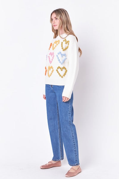 Heart Pom Sweater in Ivory Multi