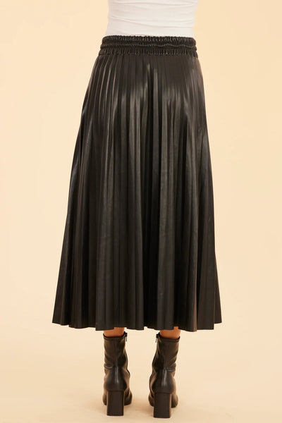 Pleated Drawstring Midi Skirt in Black