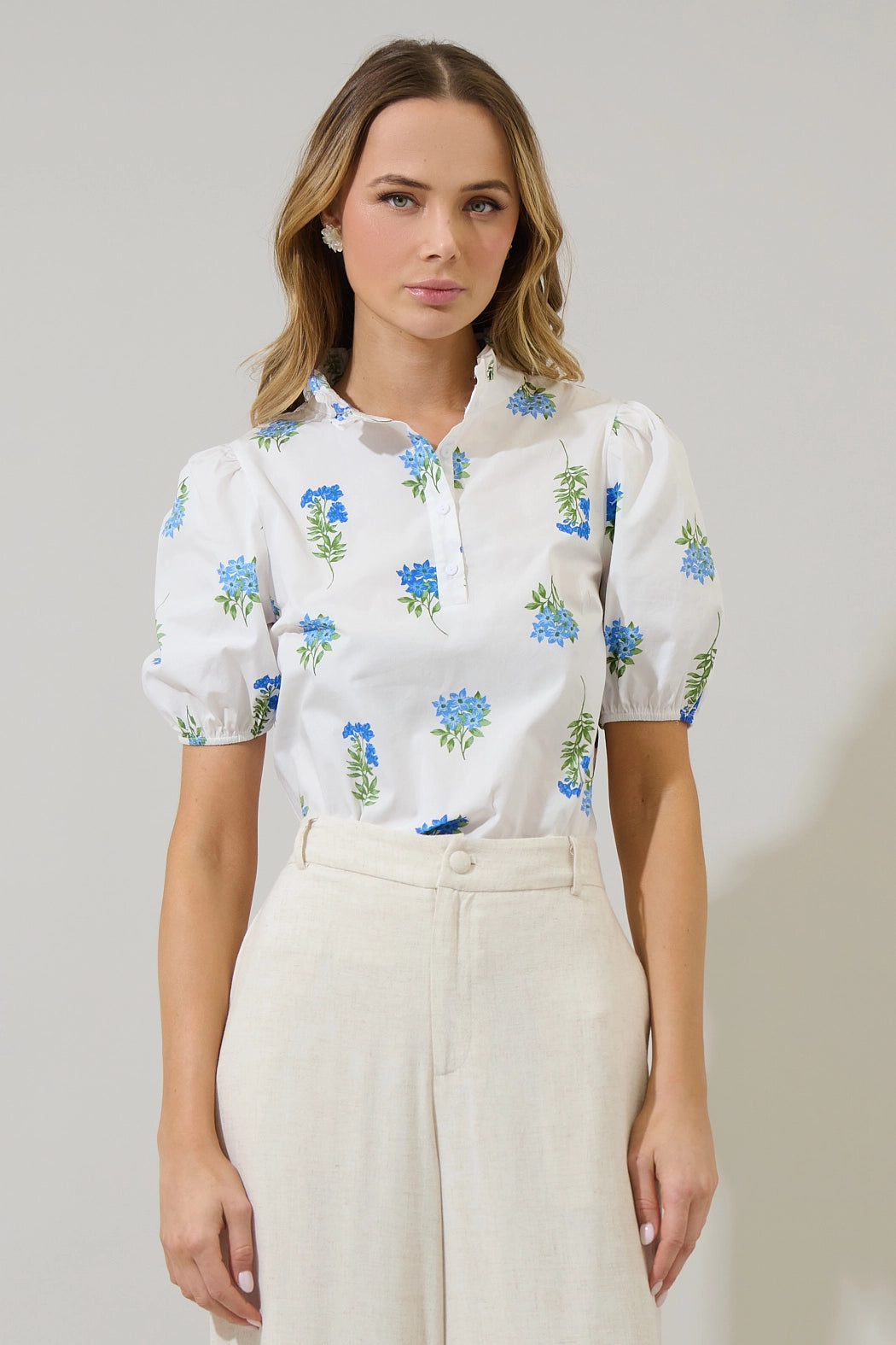 Jillian Poplin Top in White Floral