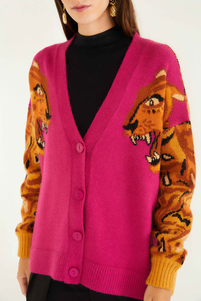 Bold Tiger Sleeve Knit Cardigan in Multi