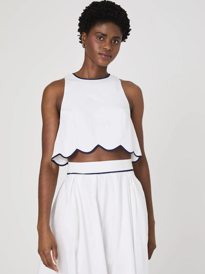 Alexis Cotton Scallop Top in Summer White/Marine