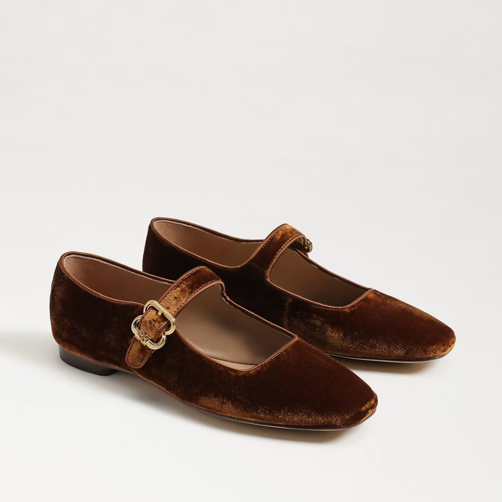 Michaela Mary Jane Flat in Spiced Carmel Brown Velvet