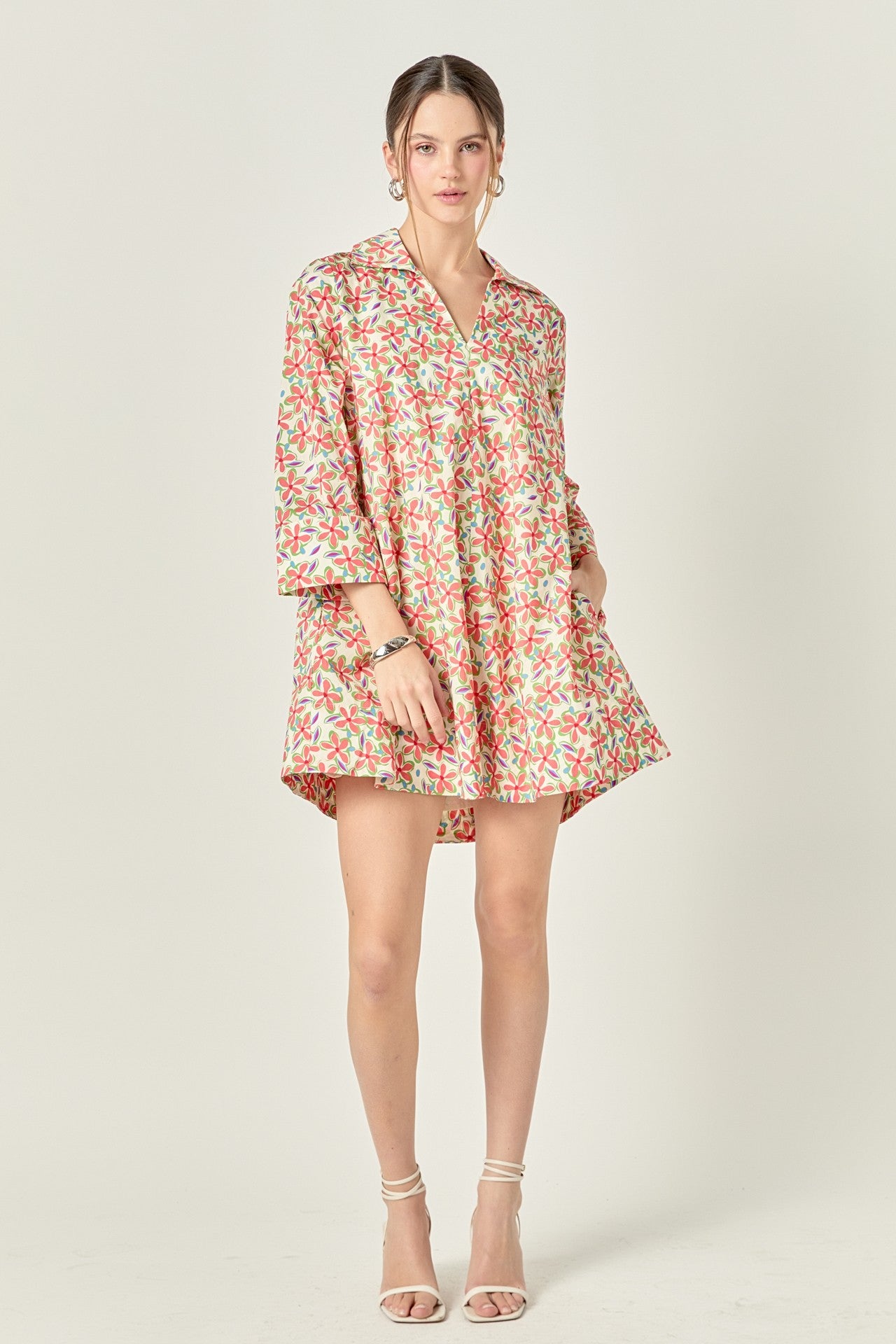 Floral Print Mini Kaftan in Cream Multi