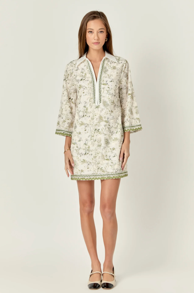 Floral Embroidery Tunic Dress in Green Multi