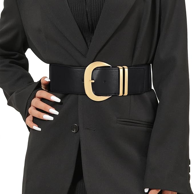 Wide Elastic Waist Belt in Black/Gold