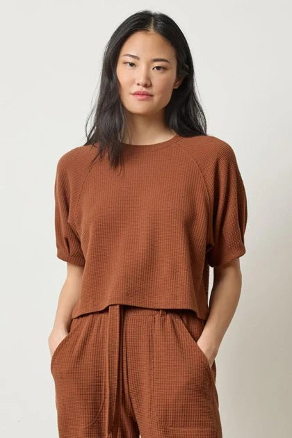 Pleated Sleeve Waffle Top in Praline