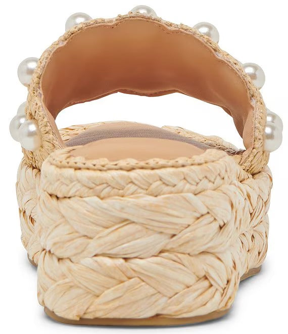 Caper Pearl Embellished Raffia Platform Slide Sandals in Light Natural