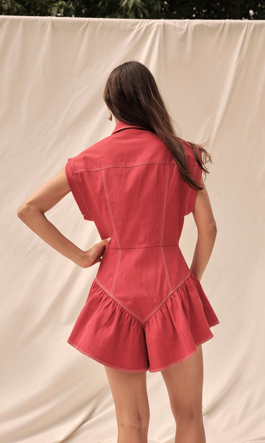 Keira Denim Romper in Red