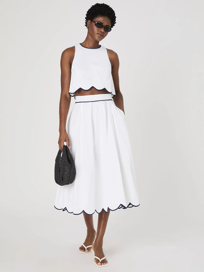 Alexis Cotton Scallop Midi Skirt in Summer White/Marine