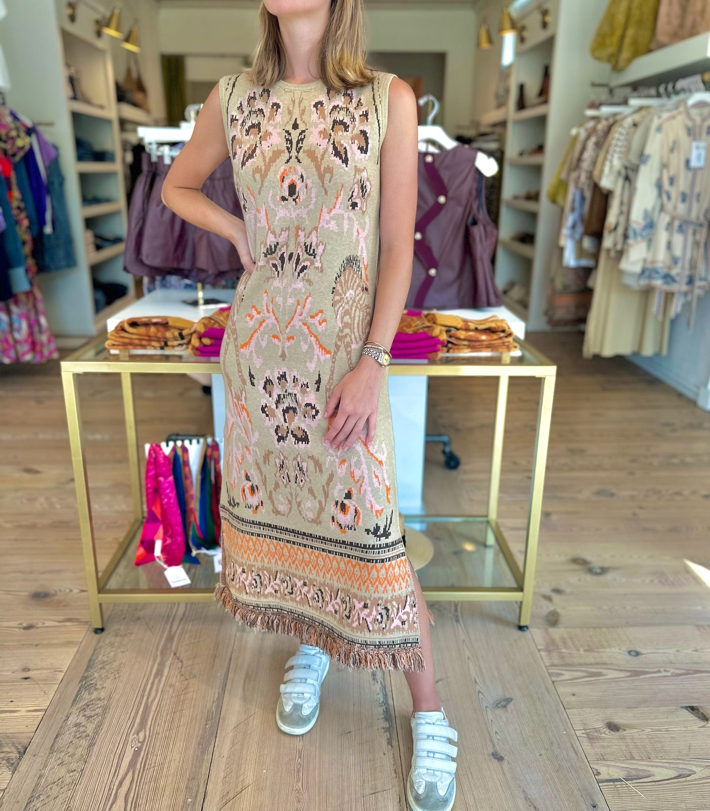 Camille Knit Jacquard Dress in Camel Multi