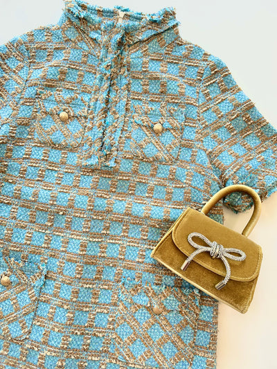 Windsor Dress in Camel/Blue