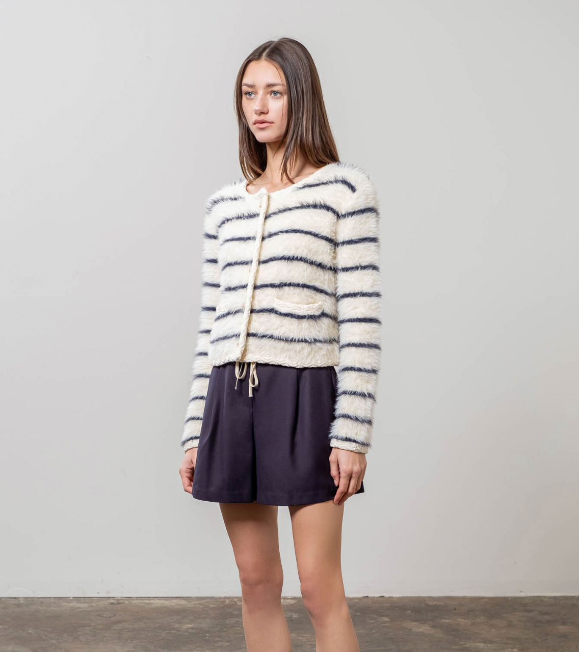 Round Neck Striped Cardigan in Ivory