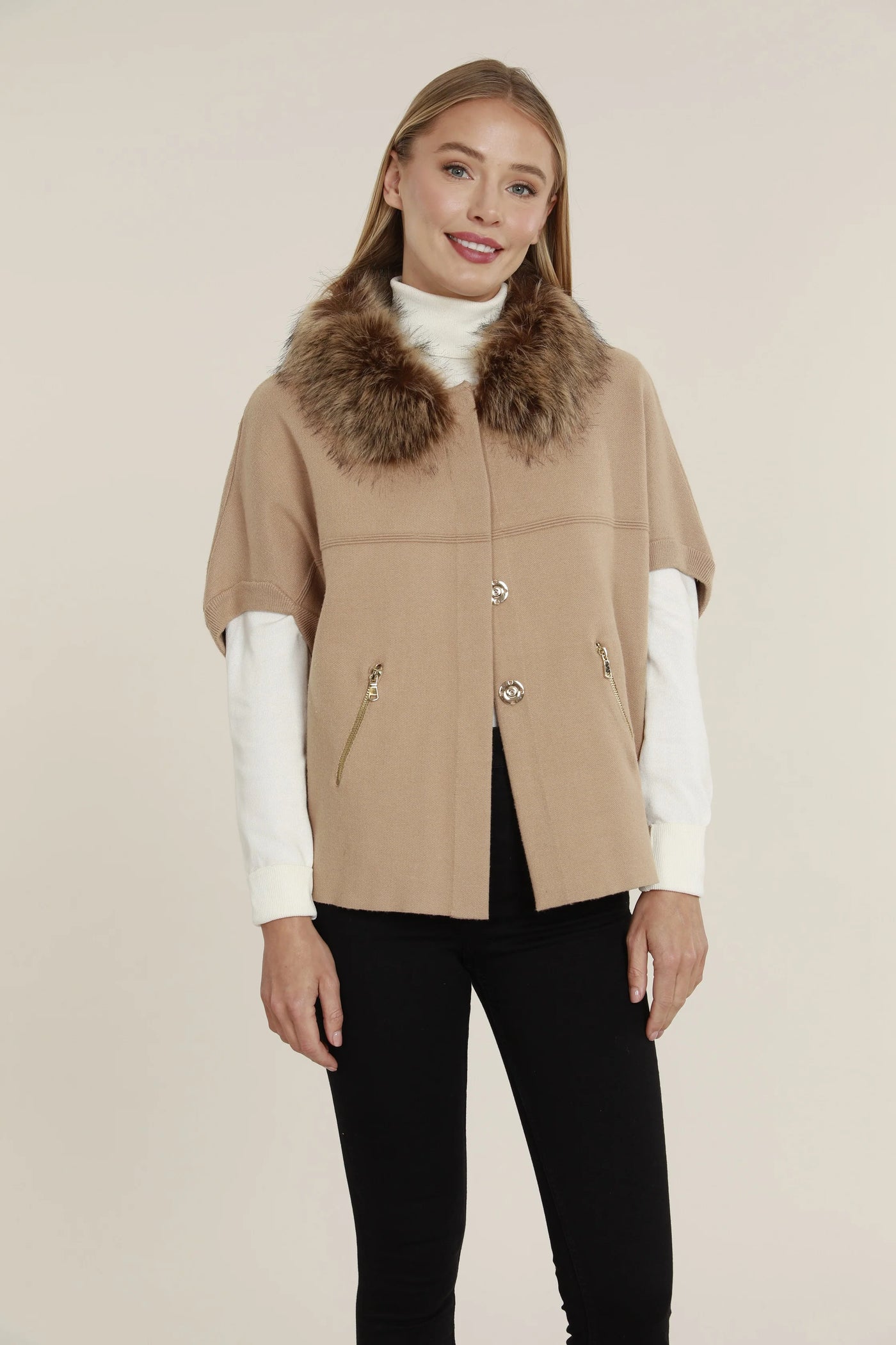 Faux Fur Trim Cardigan in Camel