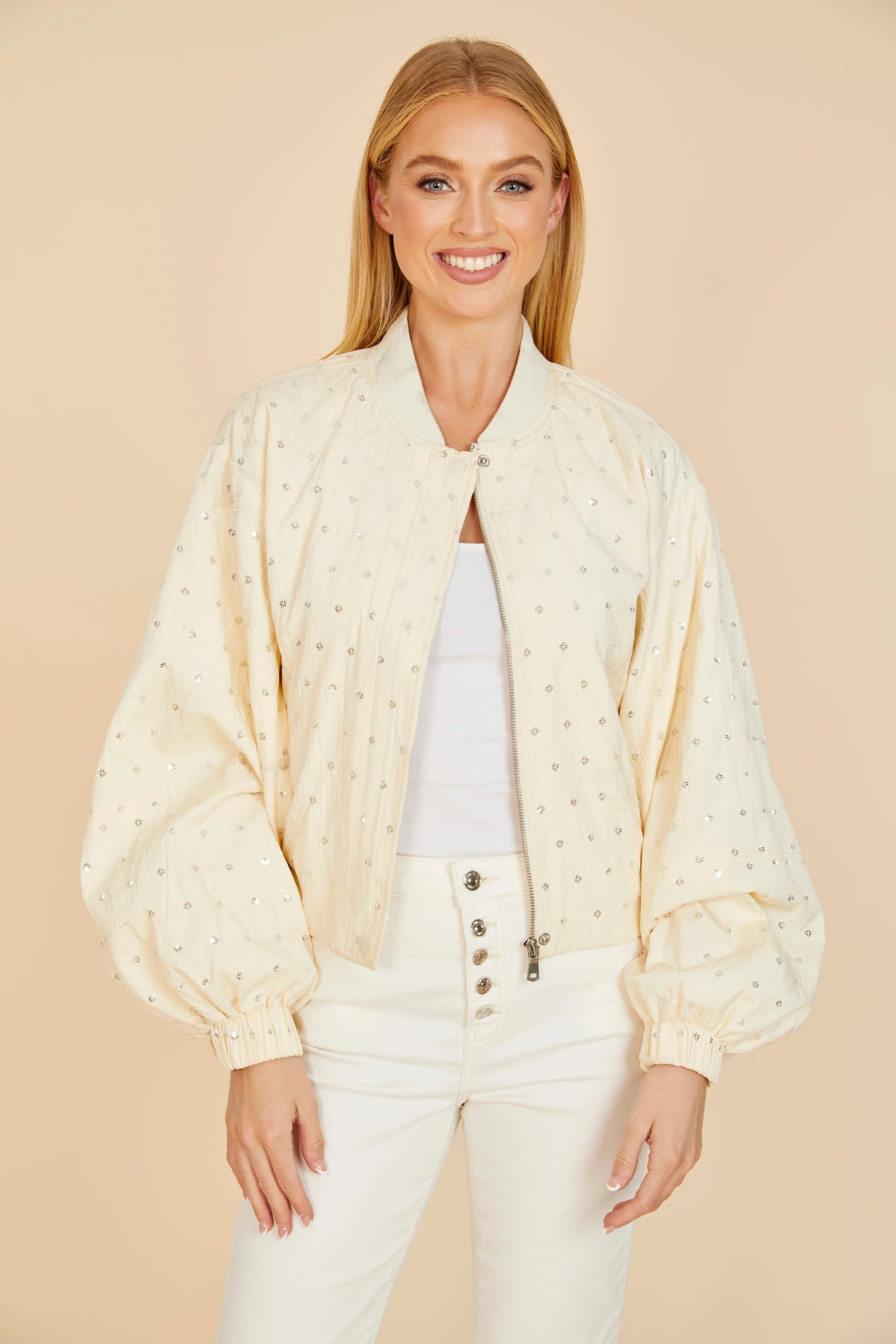 Embellished Balloon Sleeve Jacket in Ivory