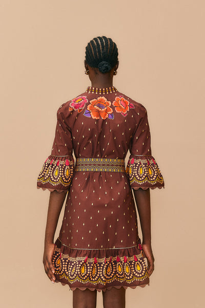 Bright Flora Short Sleeve Mini Dress in Brown