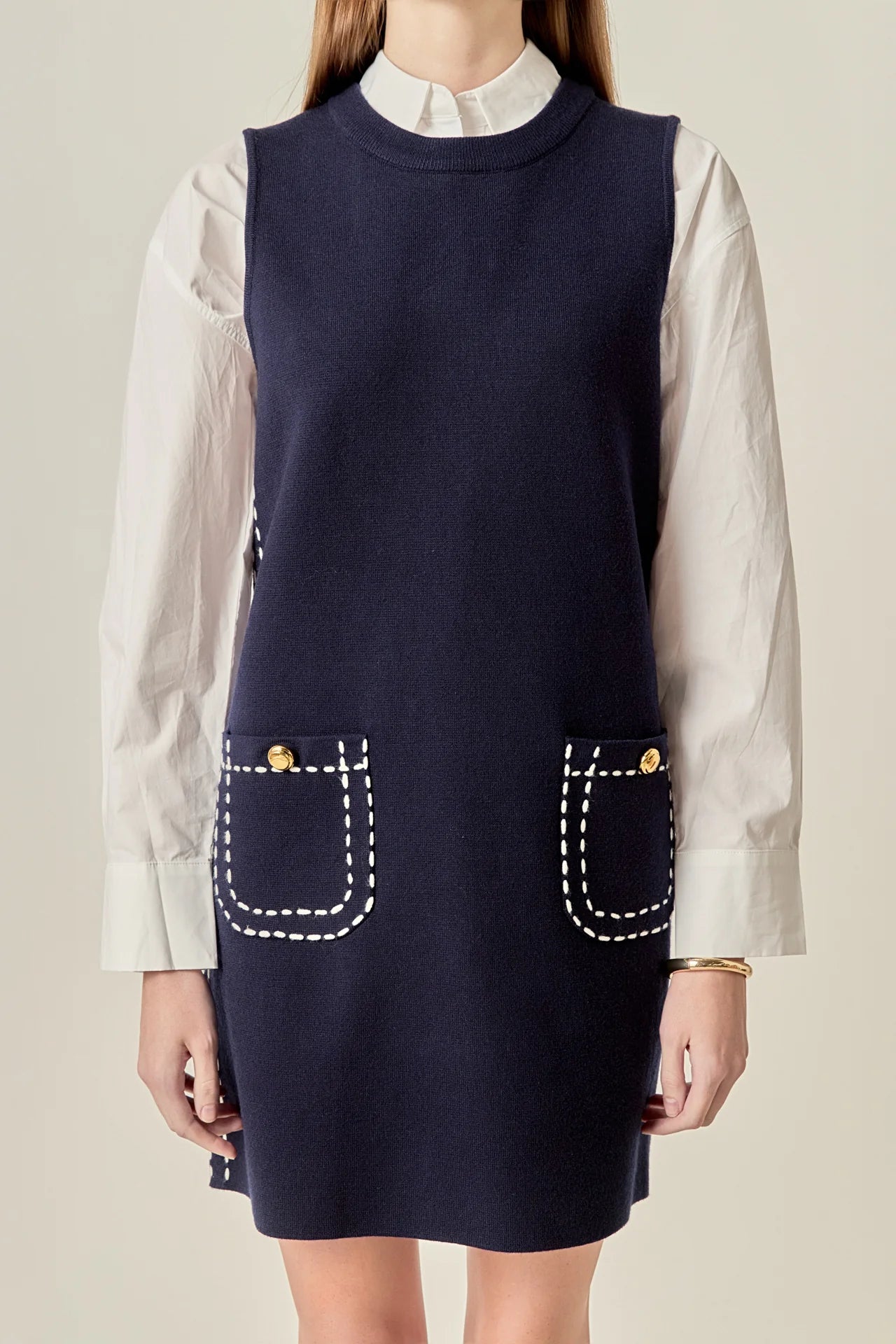 Stitch Detail Knit Mini Dress in Navy/White